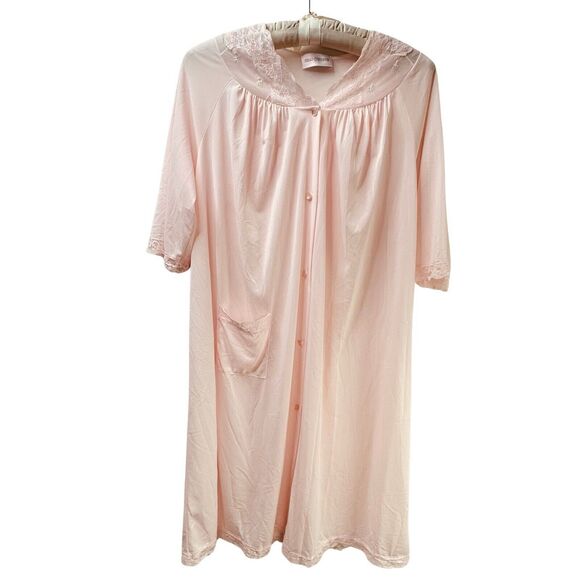 Shadowline Robe Womens M Vintage Nylon Floral Lace Pink 3/4 Sleeve Lightweight - Picture 4 of 15
